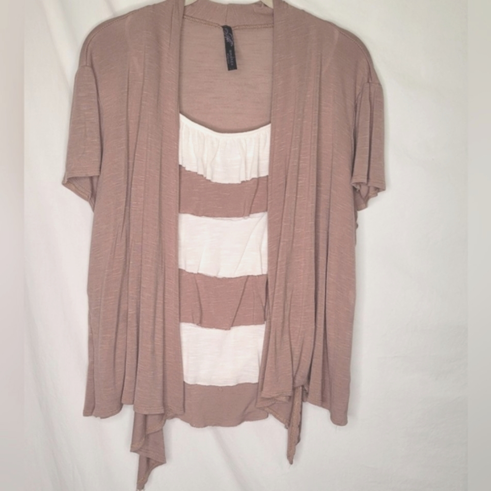 Andrea Missy Ruffles Layers Blouse Top 3X Excellent Taupe White